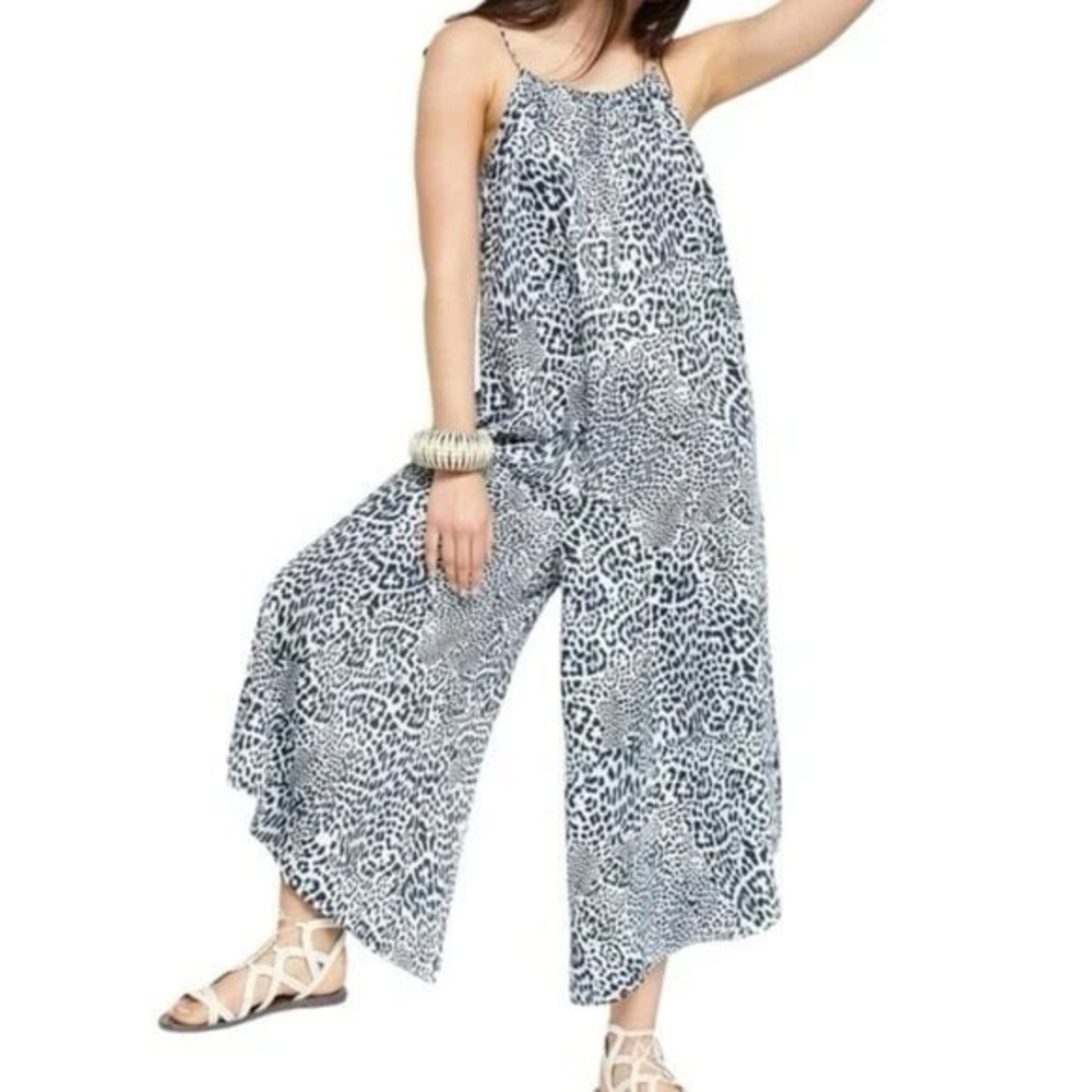 Anthropology Animal Print Jumper Jumpsuit Onesie‎ Black White Leopard Small